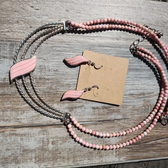 Jay King DTR mine finds carved Wave Pink Opal Necklace Earrings set 925 rare - Picture 11 of 11